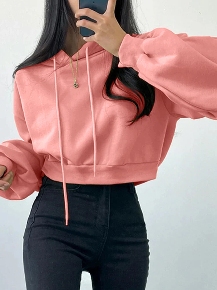 Solid Drawstring Long Sleeve Casual Women Hoodie