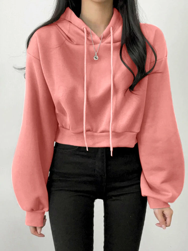 Solid Drawstring Long Sleeve Casual Women Hoodie