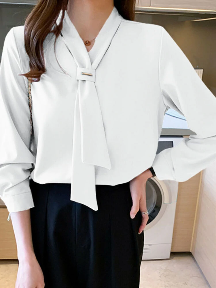 Solid V-neck Long Sleeve Blouse For Women - Black 