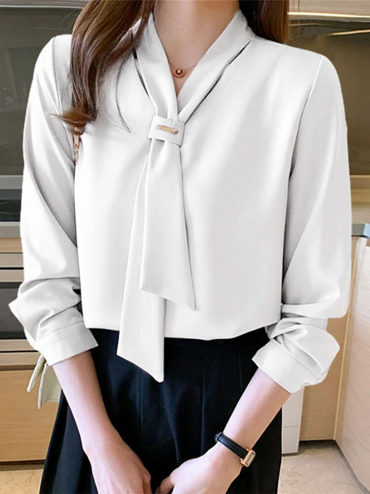 Solid V-neck Long Sleeve Blouse For Women - Black 