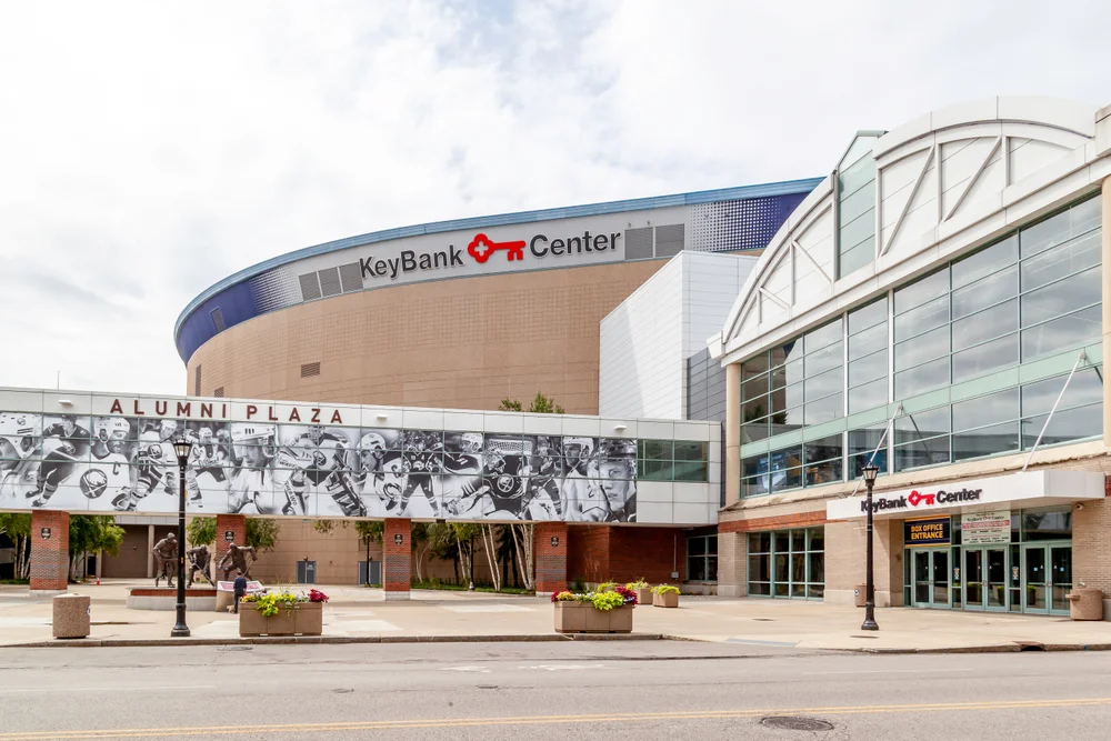 Exterior view of KeyBank Center, the home arena of the Buffalo Sabres.