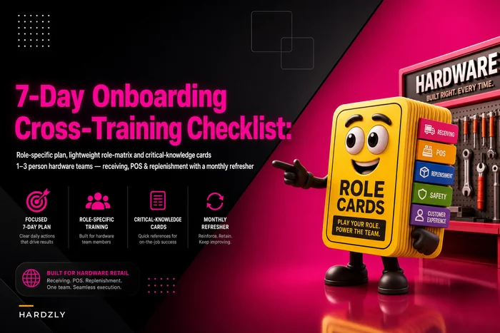 7-day onboarding & cross-training checklist for tiny hardware teams: role cards, critical knowledge and a monthly refresher