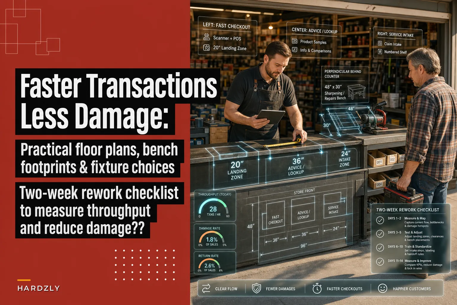 Ergonomic counter & service‑bench layout rules to speed transactions and reduce damage