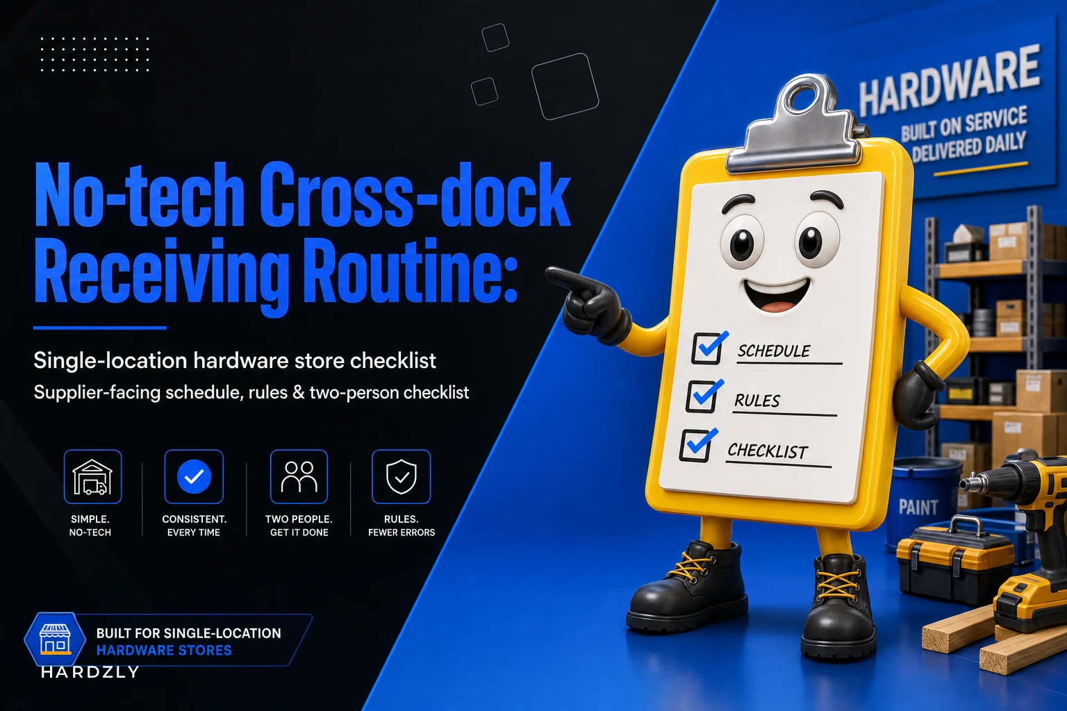 No-tech cross-dock & receiving appointment routine for single-location hardware stores: supplier-facing schedule, rules and a two-person checklist