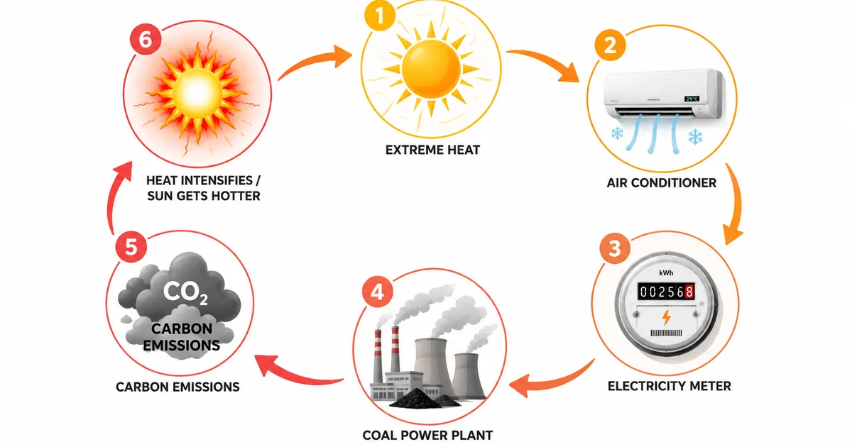 AC carbon emissions feedback loop - heat leads to more AC usage which leads to more coal burning and more CO2 emissions