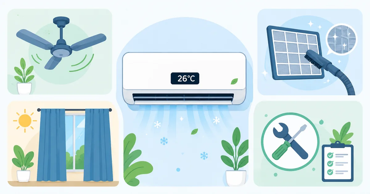 AC energy-saving tips — set to 24-26°C, run a ceiling fan, clean filters, draw curtains, and service the unit