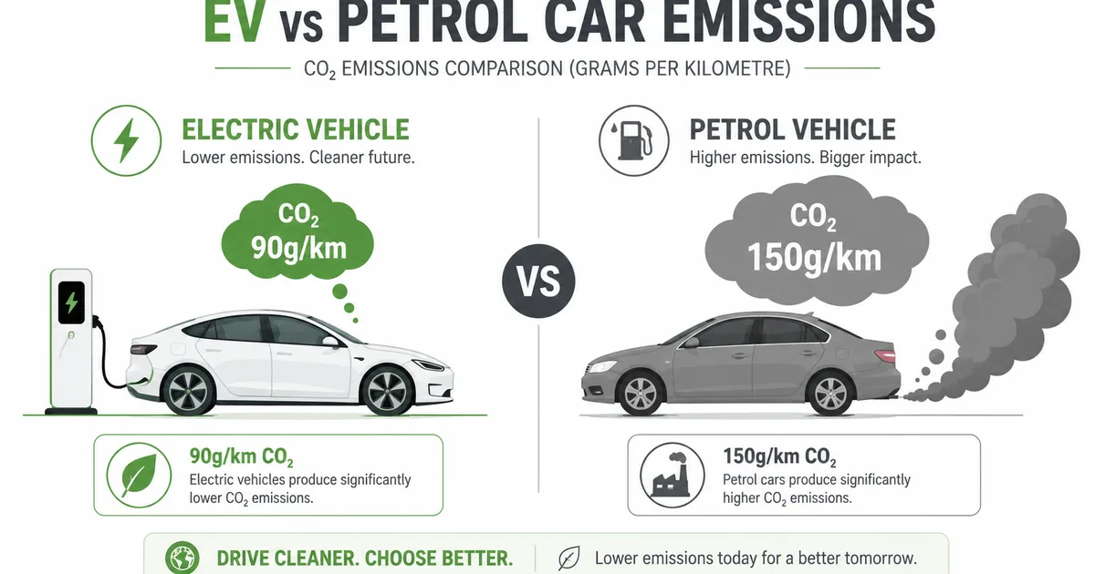 EV vs petrol car CO2 emissions comparison infographic showing 90g/km for EV and 150g/km for petrol car in India