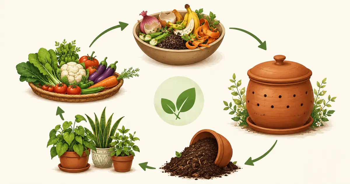 The home composting cycle in India: kitchen waste turns into rich compost, which feeds plants that grow into fresh vegetables for the kitchen — a continuous loop
