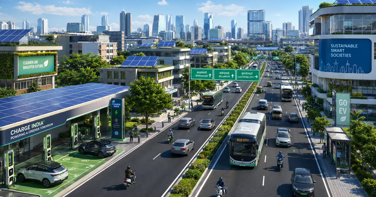 India EV landscape 2026 showing electric vehicles on city roads with charging stations and solar panels