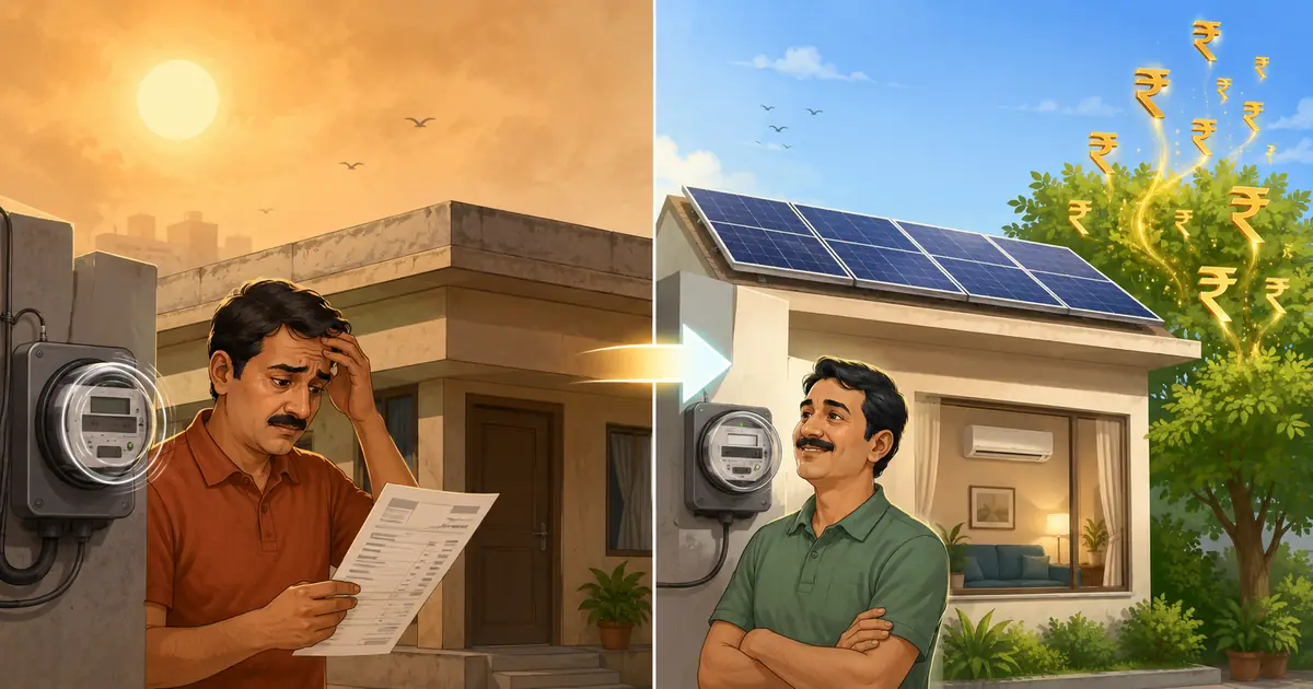 Before and after rooftop solar in an Indian home — high electricity bills replaced with solar generation and ongoing savings