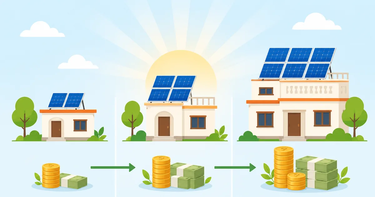 PM Surya Ghar subsidy slabs visualised — 1 kW, 2 kW, and 3 kW solar systems showing progressively higher savings under the central rooftop solar scheme