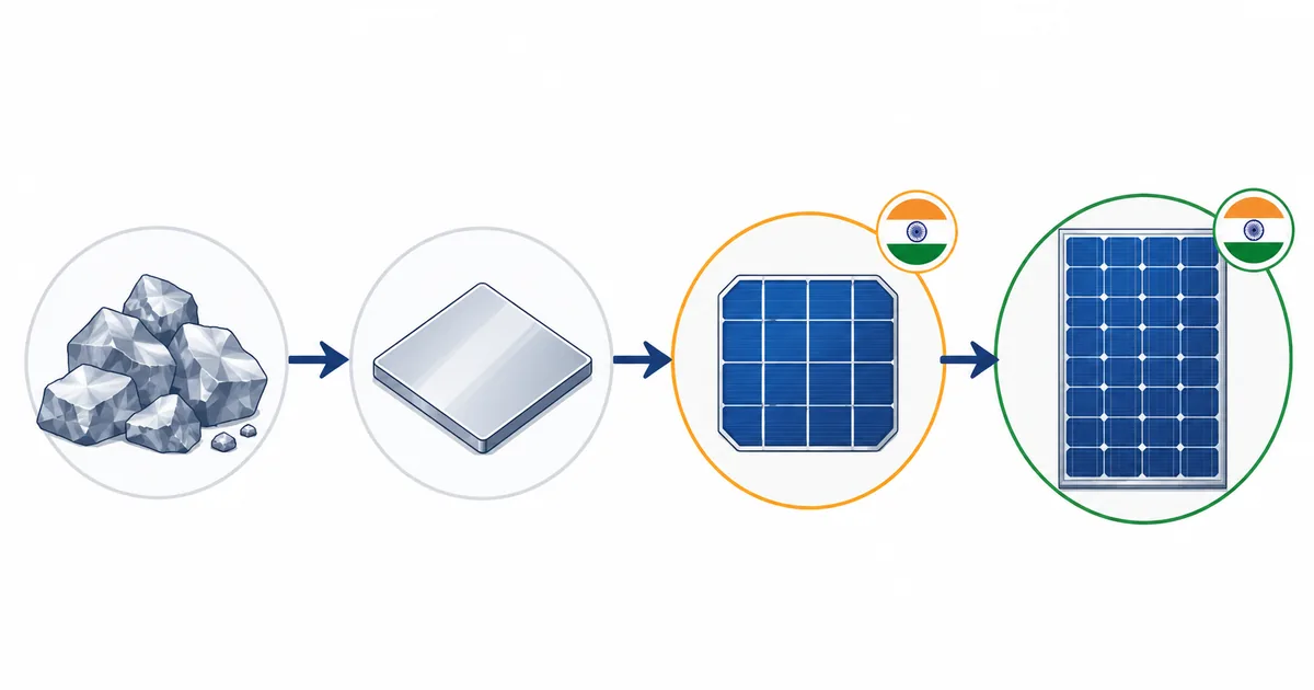 Solar panel manufacturing chain — polysilicon to wafer to solar cell to module, with cells and modules now required to be Made in India under the June 2026 ALMM rule
