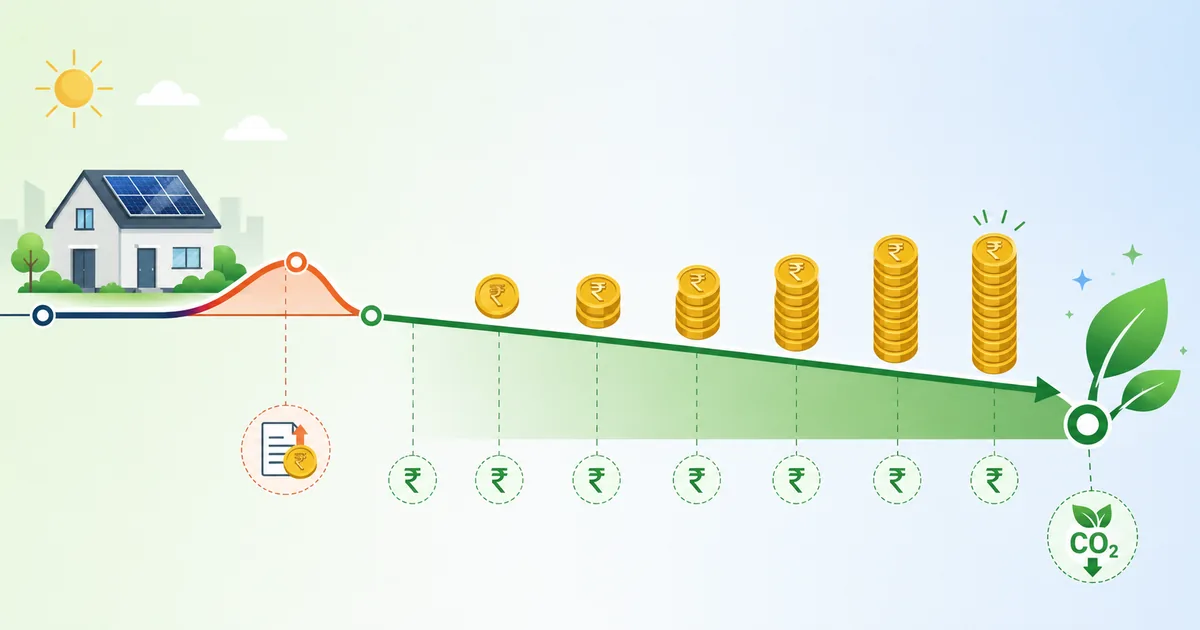 Rooftop solar payback timeline — a small upfront cost bump from the June 2026 rule followed by around 20 years of electricity savings