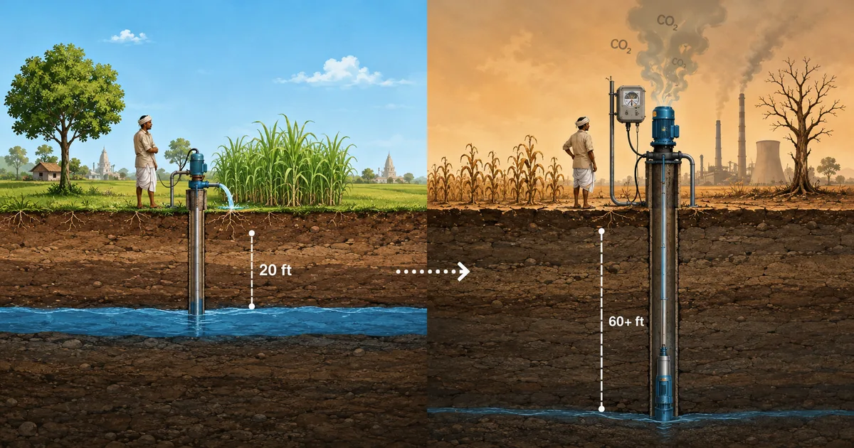 Groundwater depth comparison in India — shallow water table in 2000 versus deep depletion in 2026, showing increased pumping energy and CO₂ emissions