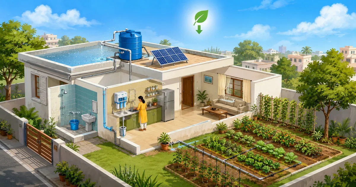 Indian household practising water conservation — rainwater harvesting, drip irrigation, RO reuse, and greywater recycling to reduce carbon footprint