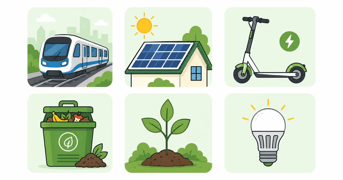 Climate action icons for World Environment Day 2026 — metro, rooftop solar, electric scooter, compost bin, sapling, and LED bulb
