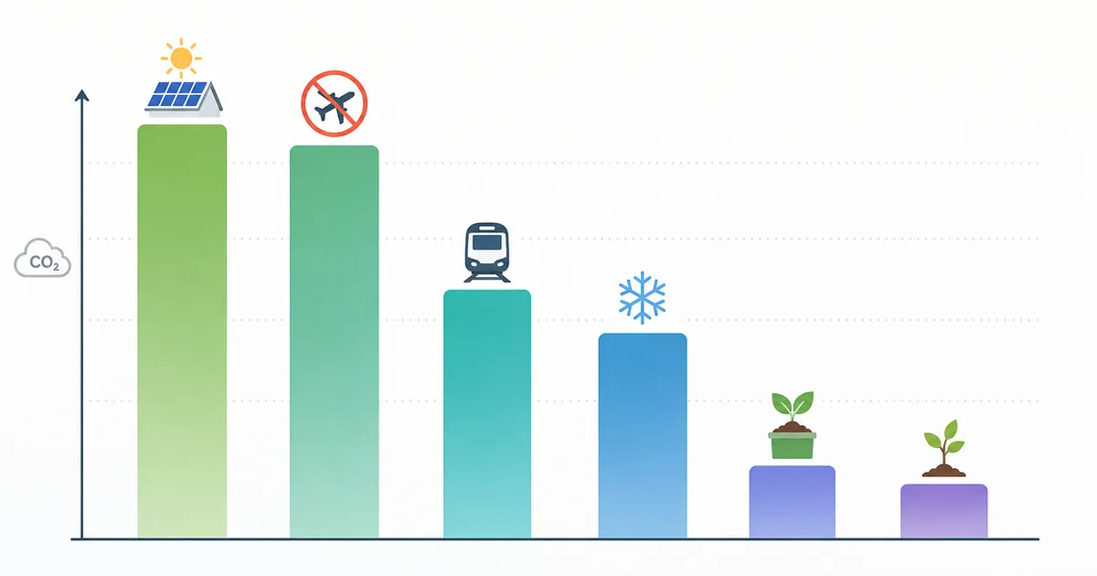 Bar chart comparing the carbon savings of different climate actions — rooftop solar and avoiding flights save the most