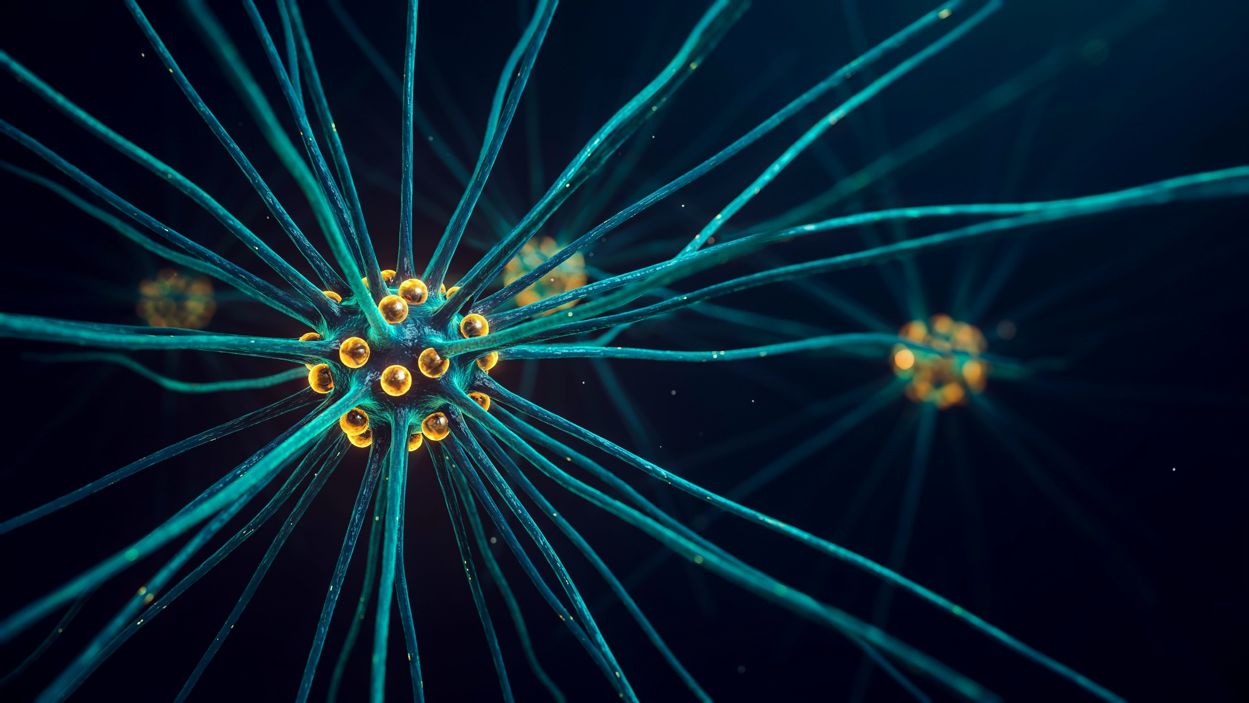 Neuroscience of neuroplasticity - glowing neural network with teal and gold synaptic connections on dark background
