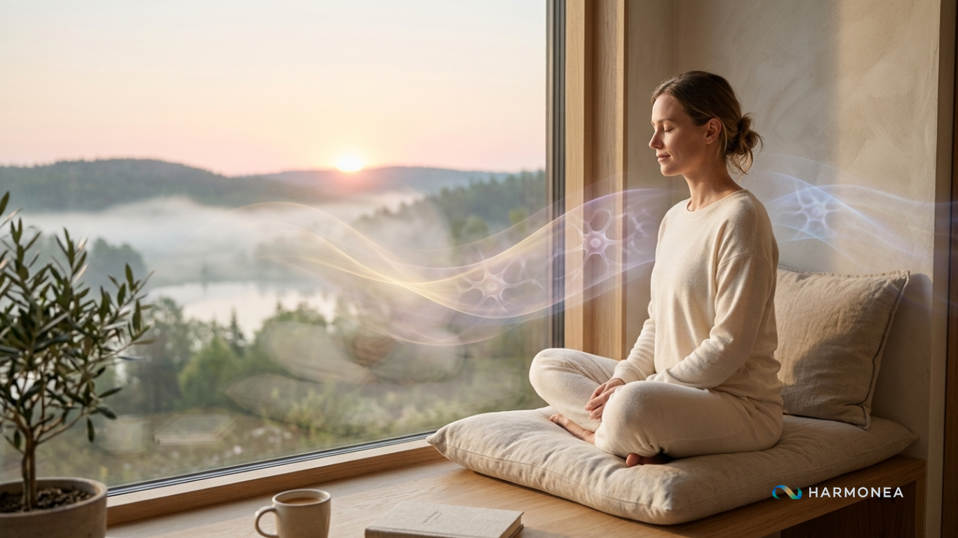 A symbolic representation of nervous system balance through breath and heart-brain coherence in a calm morning environment.