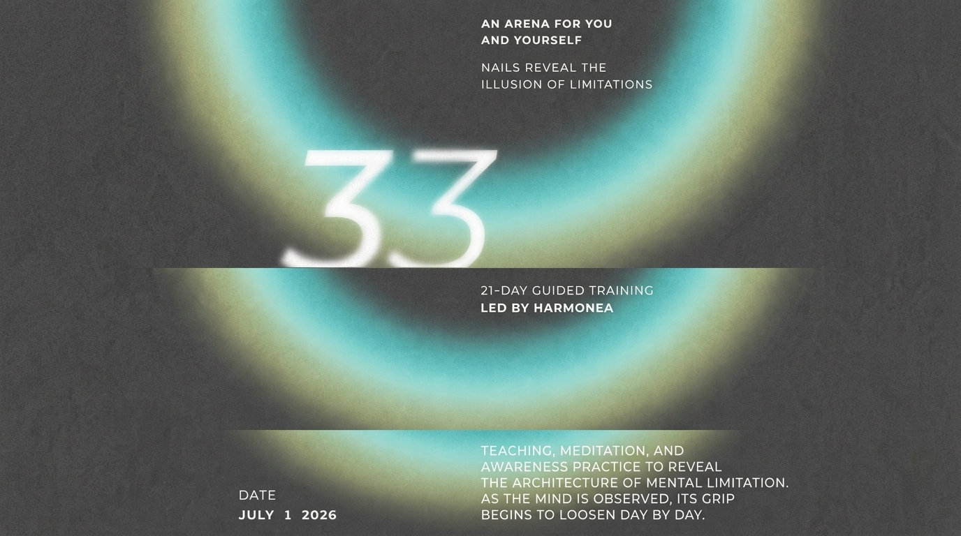 Course 33 cover art: glowing teal and gold rings around the number 33, Harmonea's 21-day mental training program, launching July 1, 2026.
