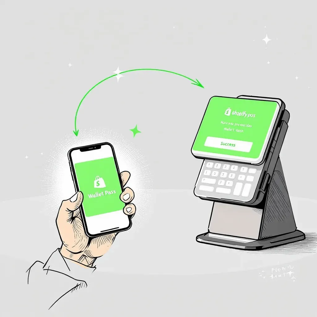 Illustration of wallet pass integration with Shopify POS featuring seamless redemption and Shopify green highlights