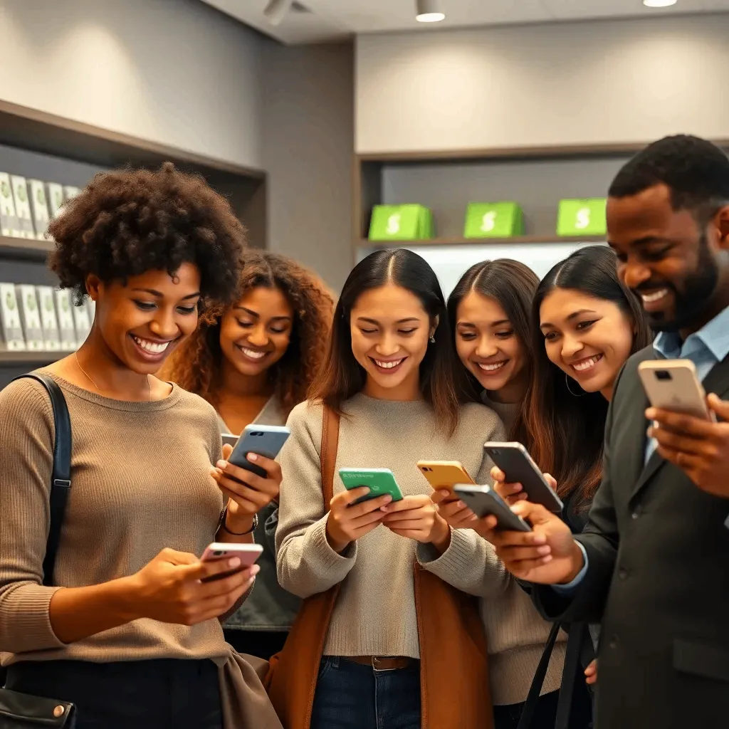 Customers using digital gift cards on their smartphones in a retail store