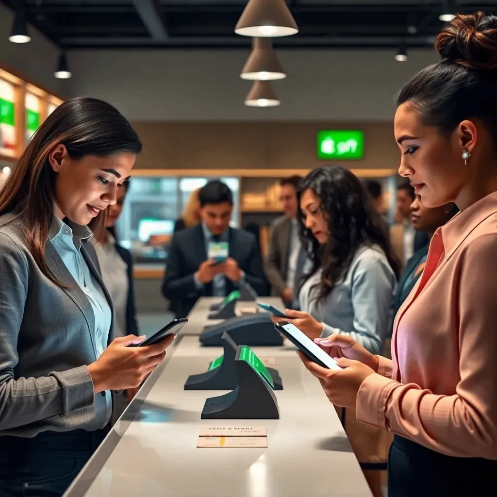 Customers using digital gift cards and loyalty cards in a retail store