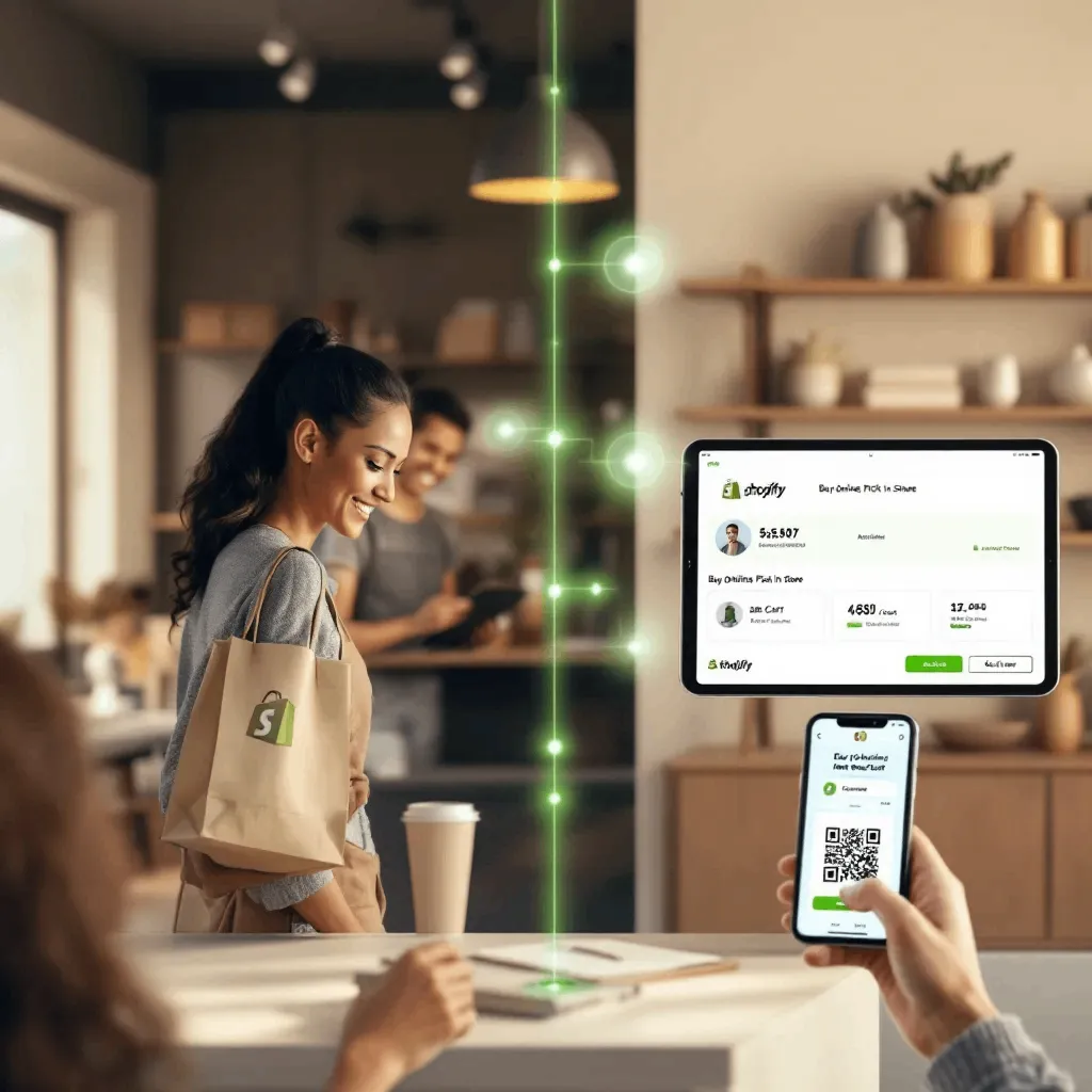 Shopify unified commerce workflow showing online/offline retail synergy with JeriCommerce wallet pass integration in muted green palette