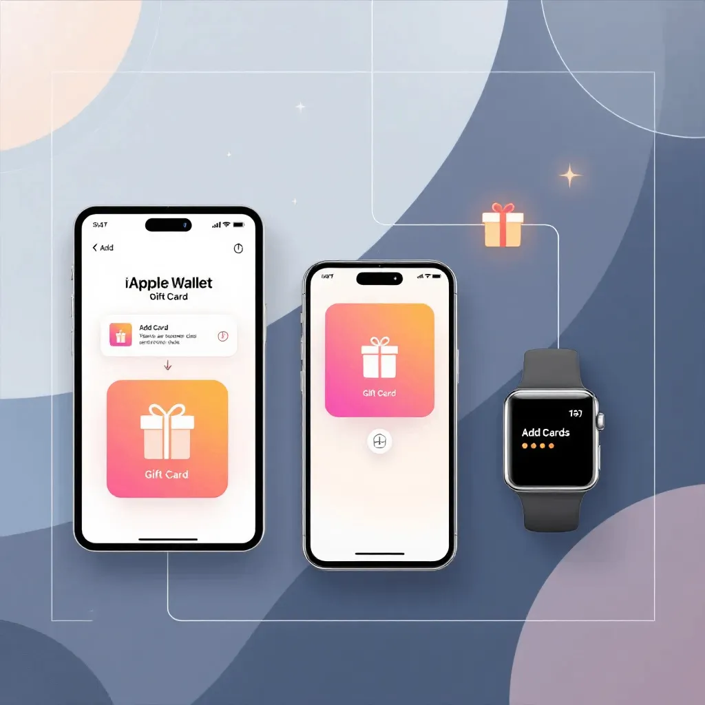 Illustration of multi-device platforms for gift card integration including Android and Apple wallets