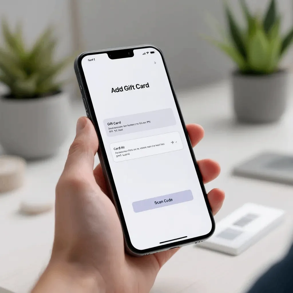Screenshot showing step-by-step process to add a gift card to Apple Wallet on an iPhone.