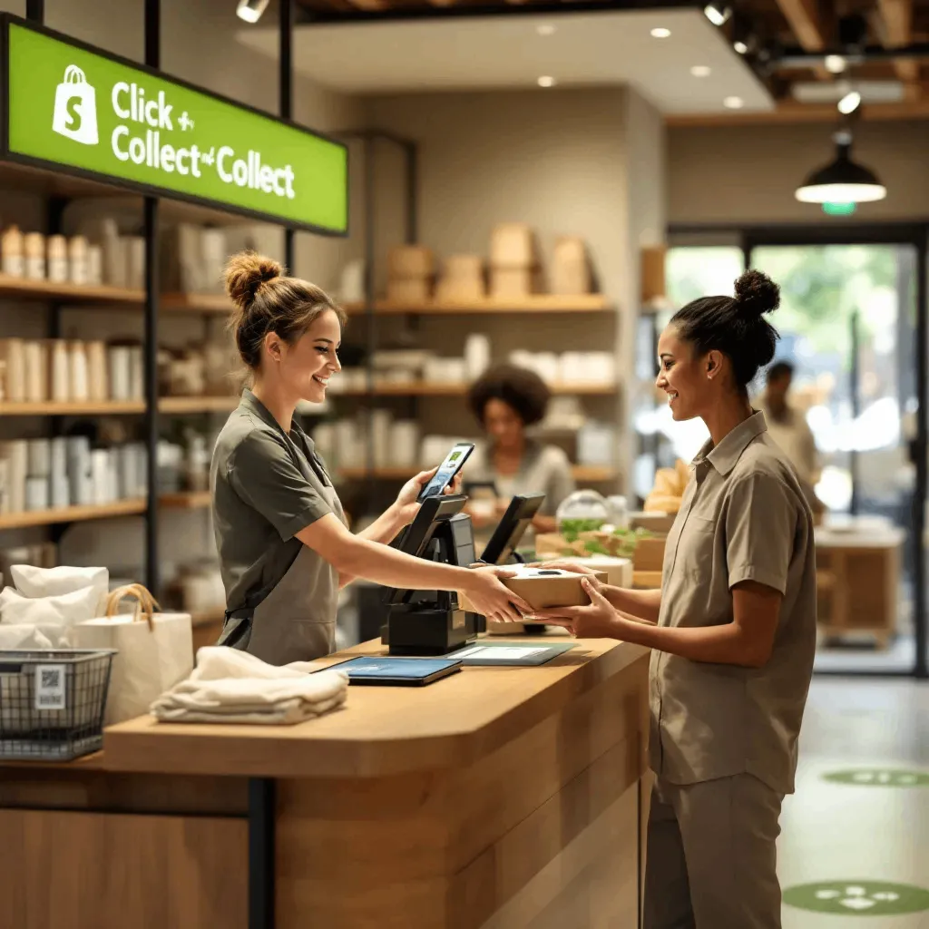 Retail store featuring click and collect signage, illustrating modern shopping convenience.