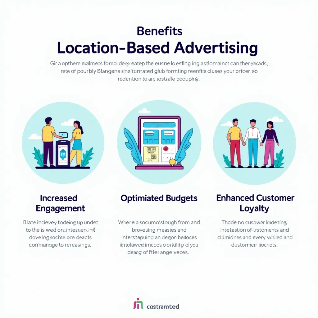 Infographic illustrating the benefits of location based advertising such as increased engagement and optimized marketing budgets.