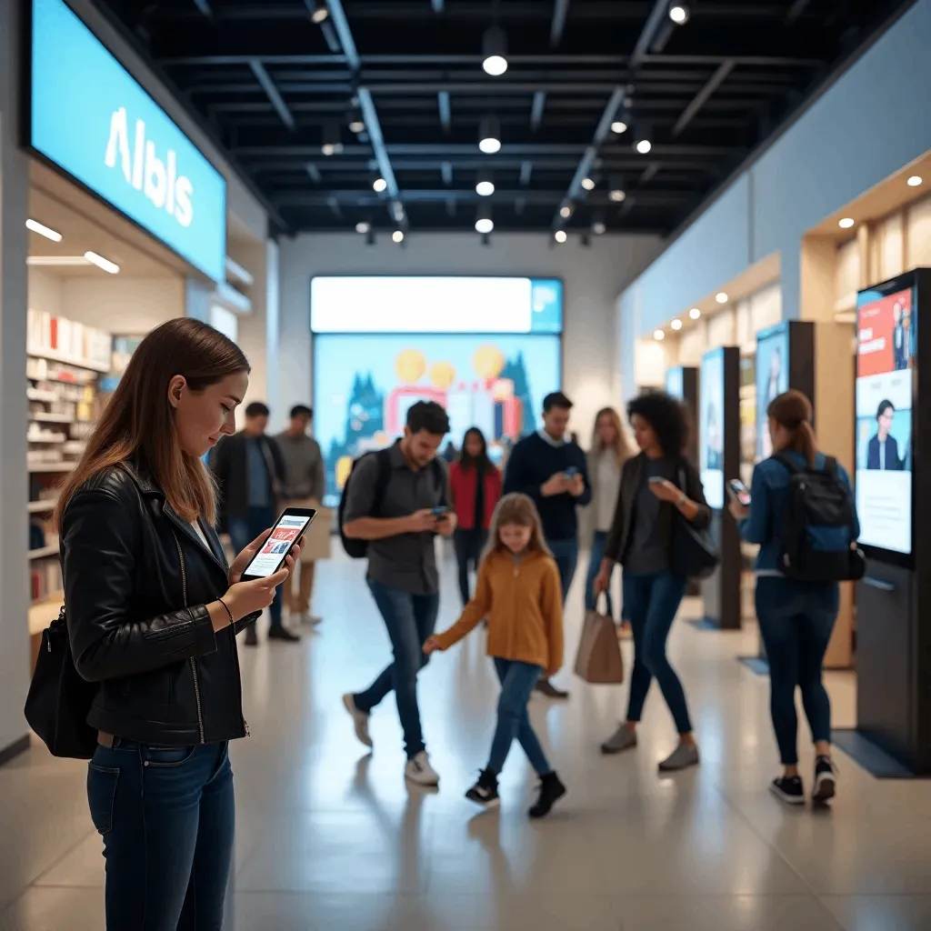 Retail store showcasing location based advertising on mobile devices