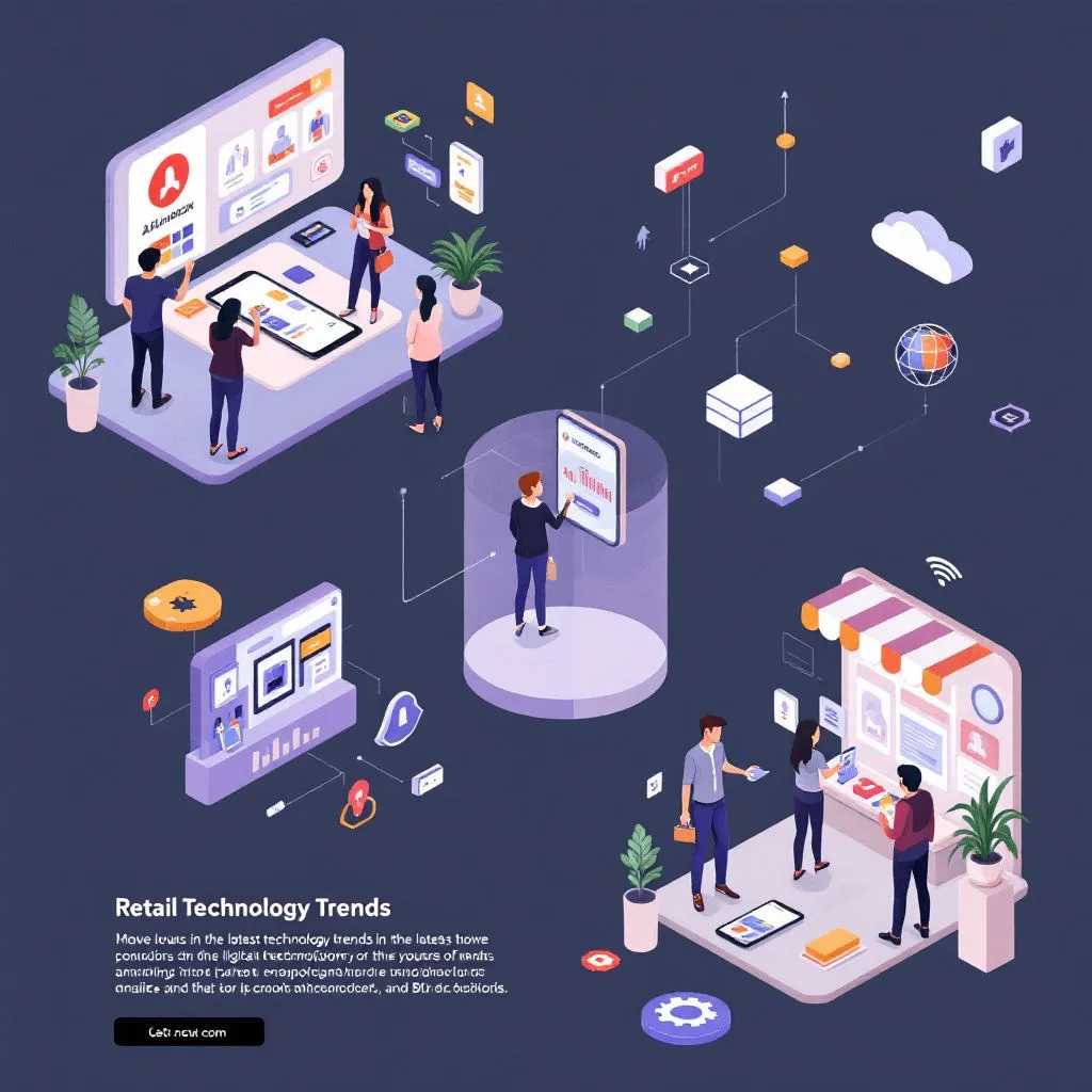 Illustration of retail technology trends including mobile payments, AR, AI, IoT, and blockchain.