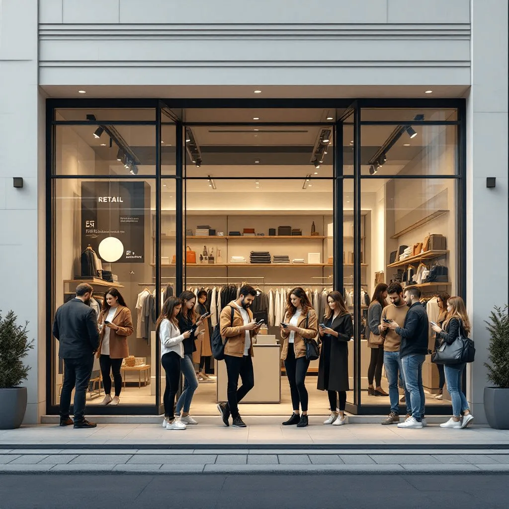 Retail technology trends showcasing customers using mobile devices for enhanced shopping experiences