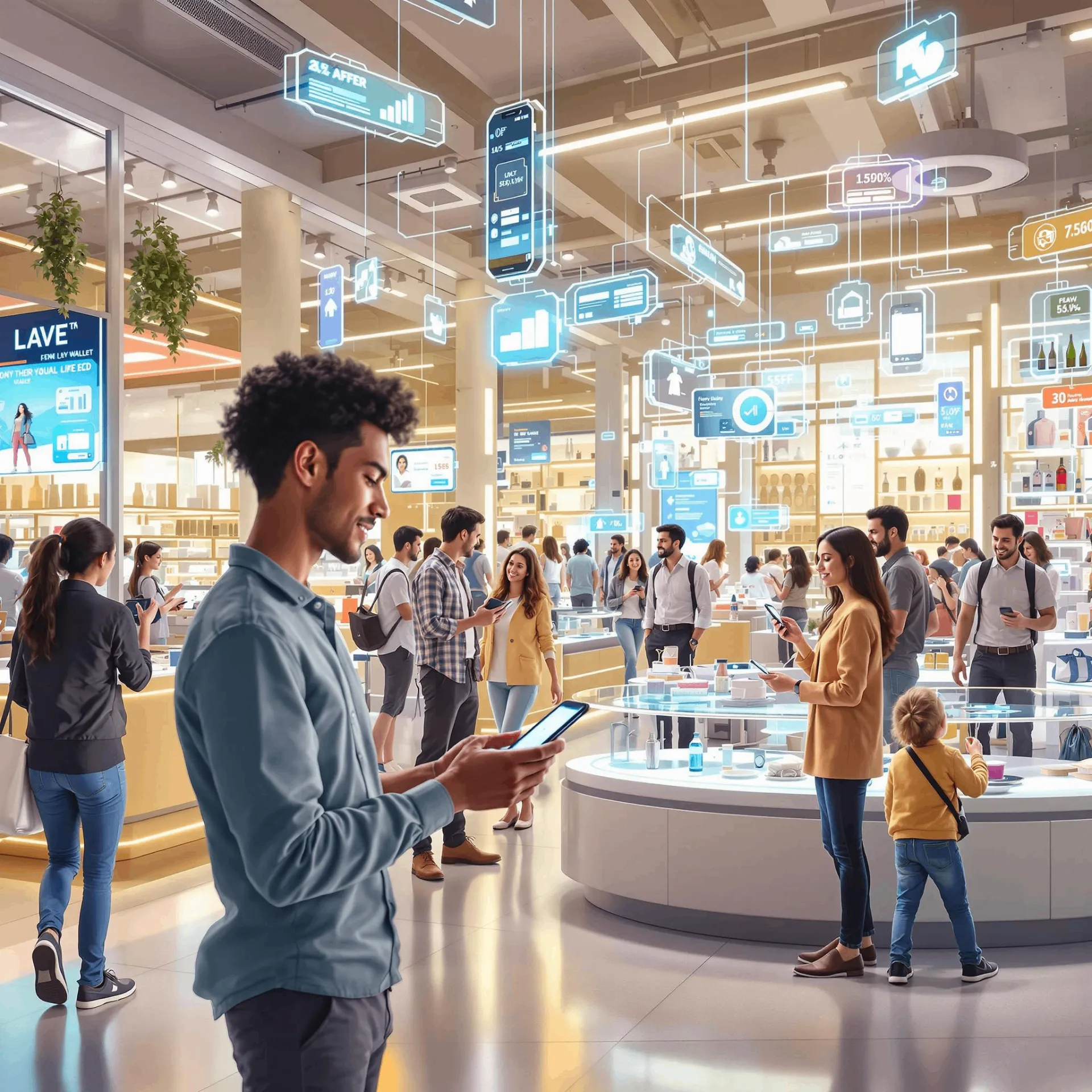 Futuristic shopping with digital wallets showcasing advanced technology.