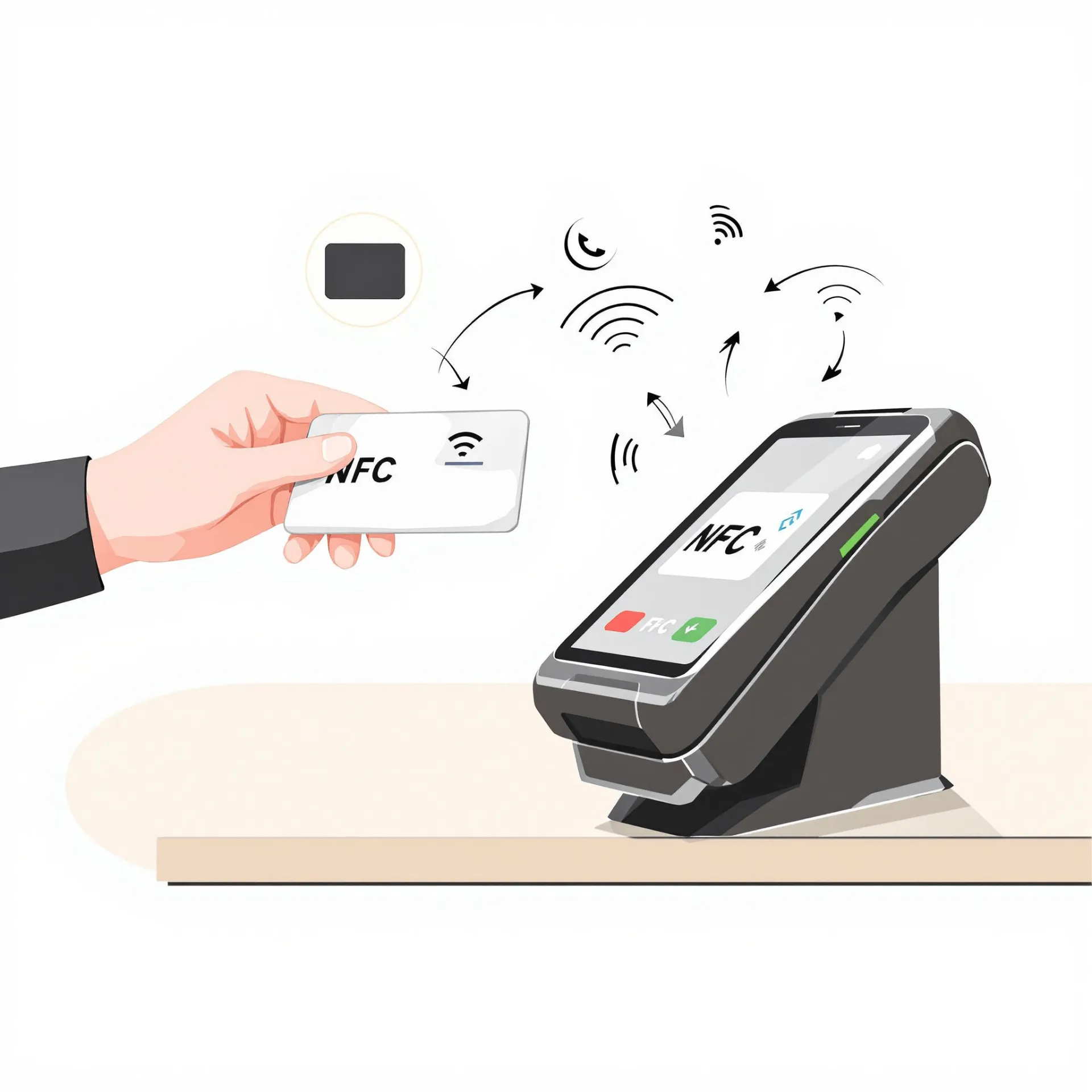 Illustration of NFC card usage in digital wallets at a point-of-sale terminal.