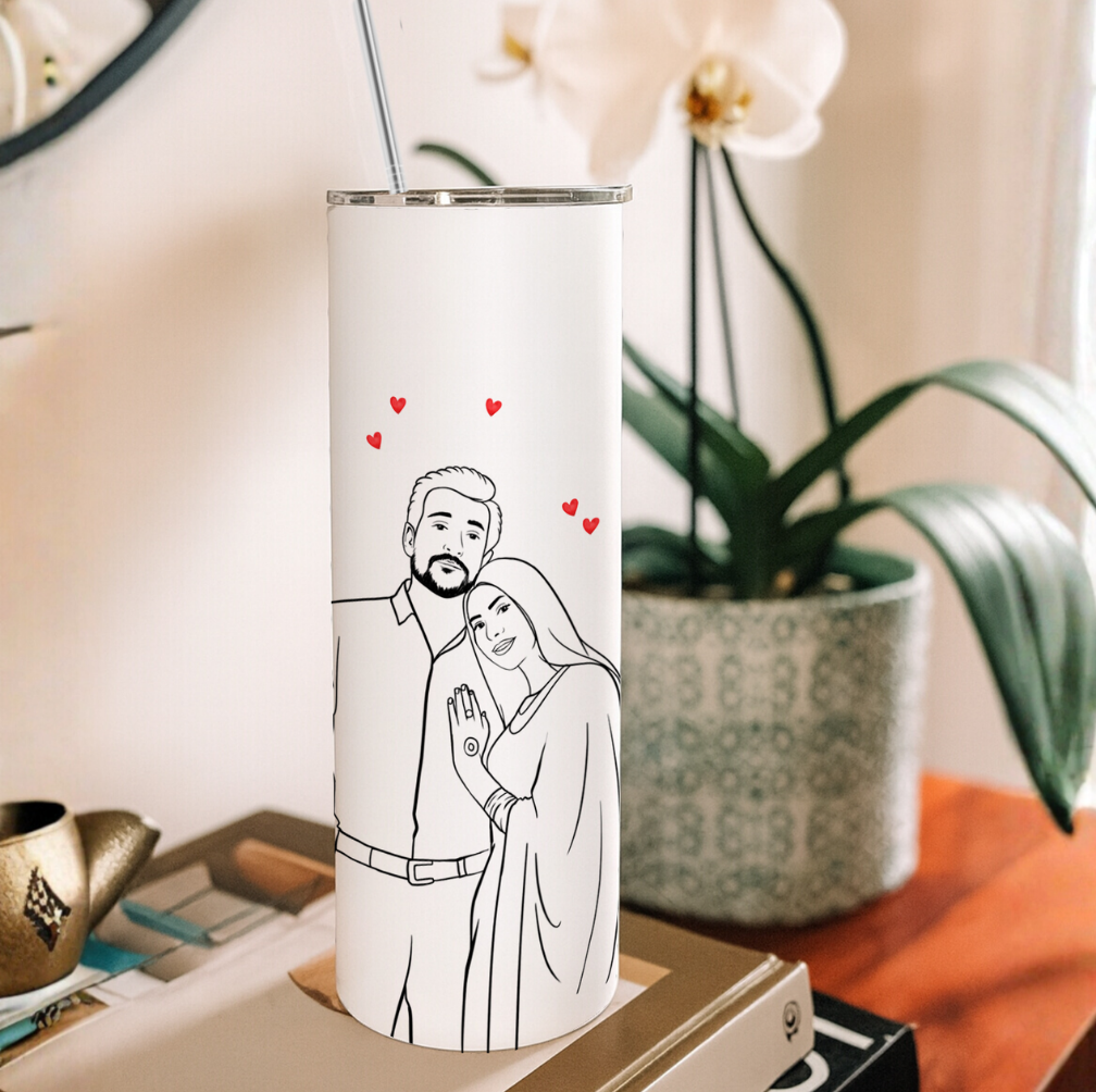 Personalized Couple Line Art Tumbler with Matching Keychain