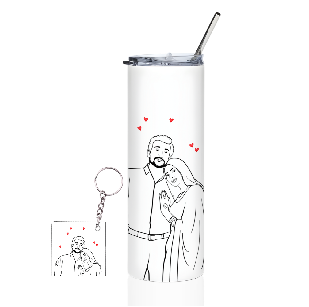 Personalized Couple Line Art Tumbler with Matching Keychain
