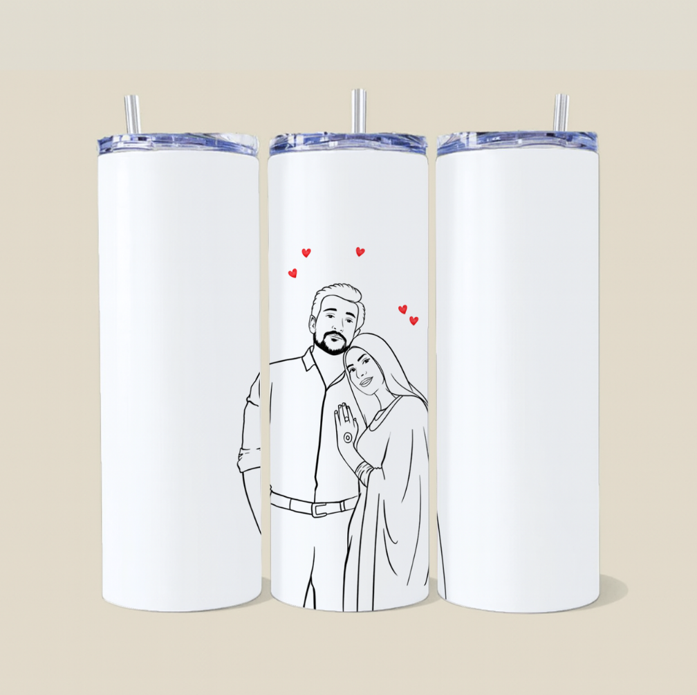 Personalized Couple Line Art Tumbler with Matching Keychain
