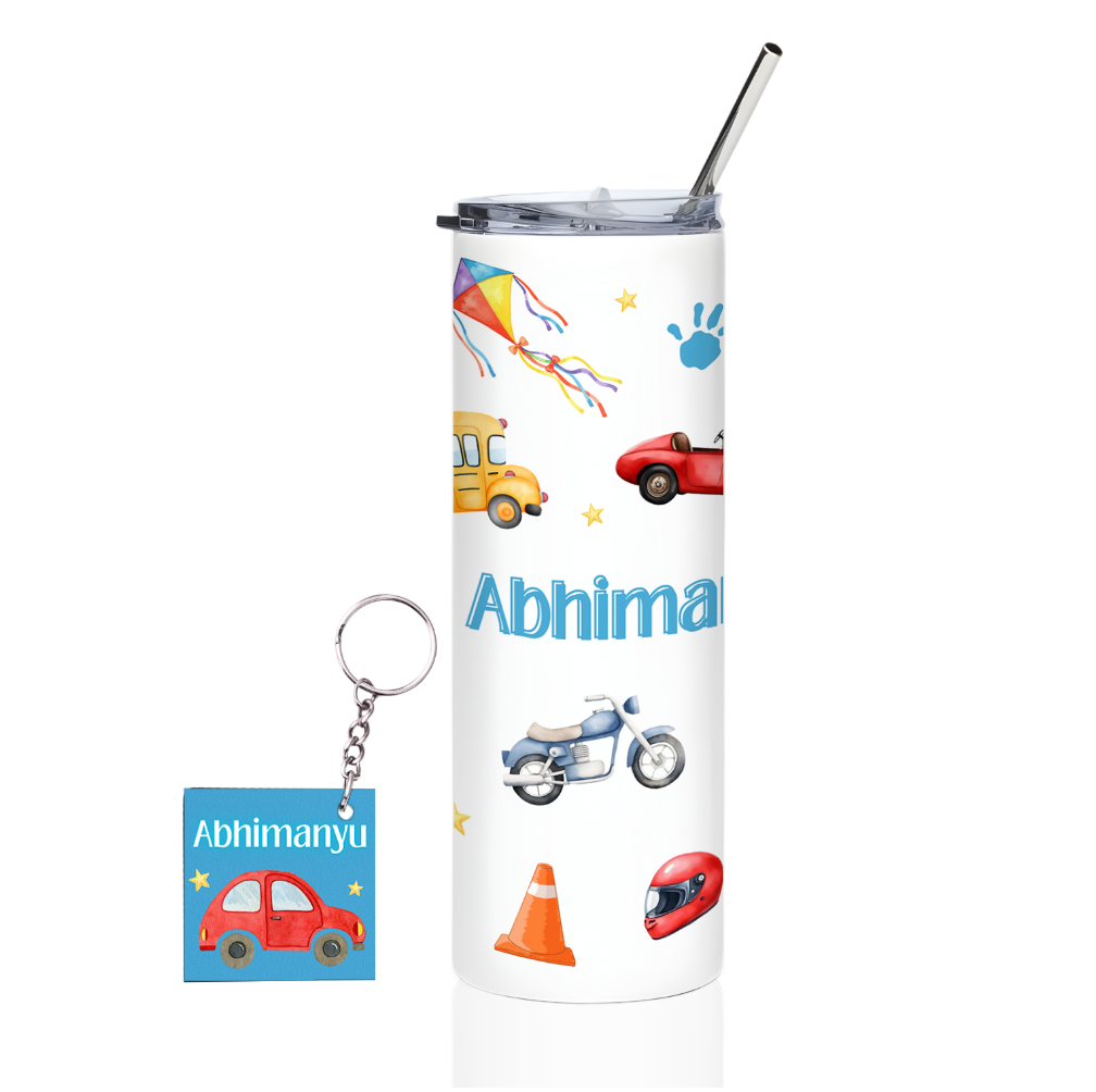 Personalized Name Tumbler with Vehicle Theme and Free Matching Keychain