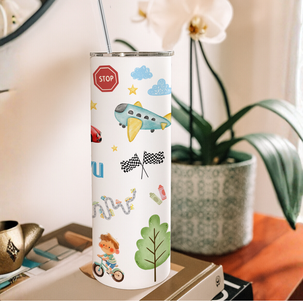 Personalized Name Tumbler with Vehicle Theme and Free Matching Keychain