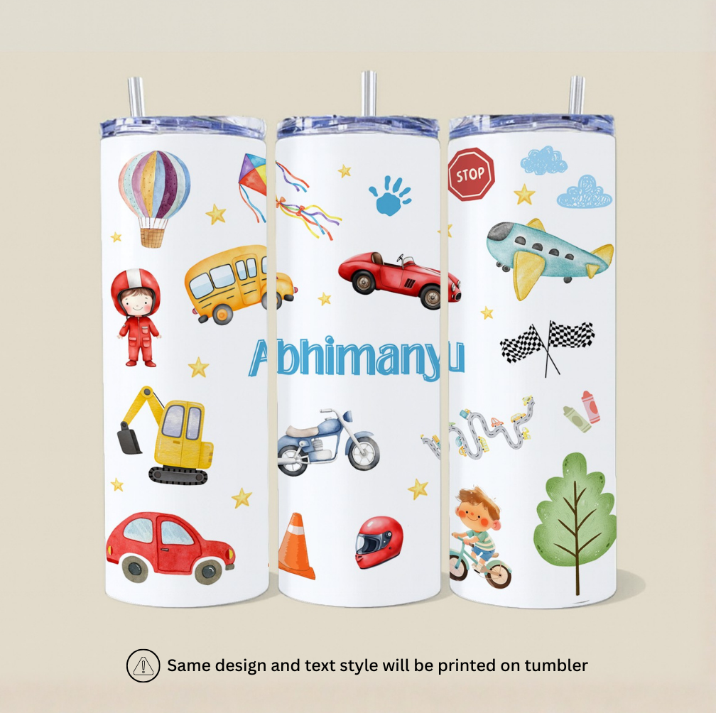 Personalized Name Tumbler with Vehicle Theme and Free Matching Keychain