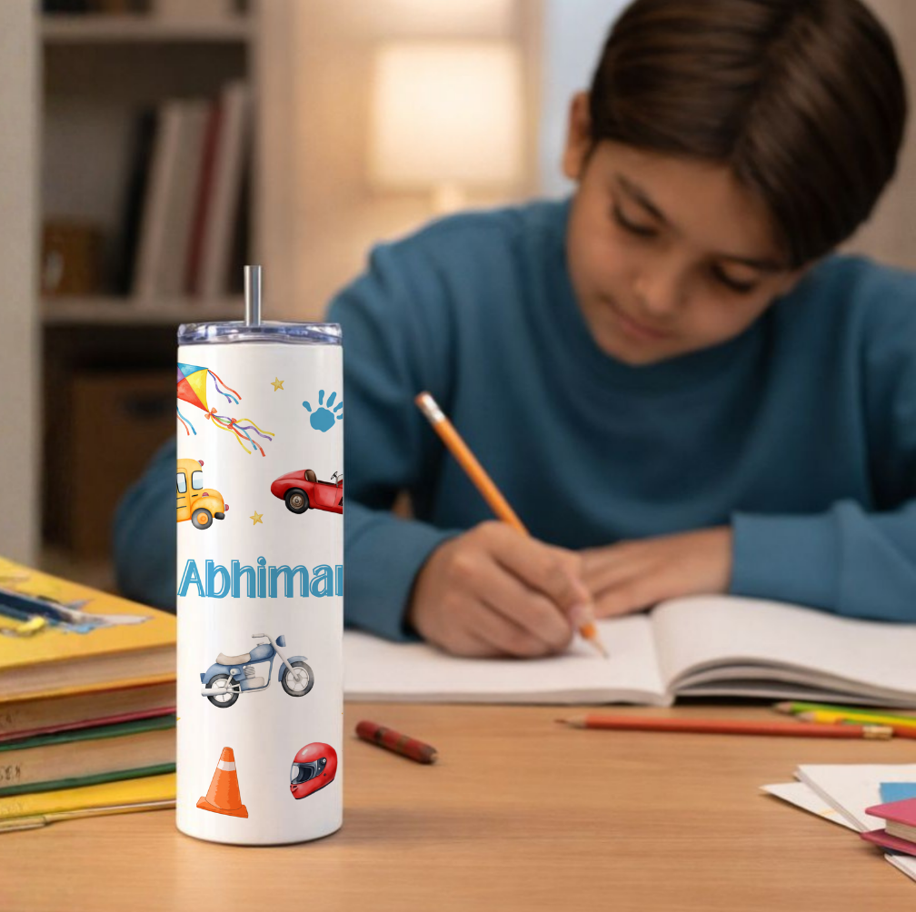 Personalized Name Tumbler with Vehicle Theme and Free Matching Keychain