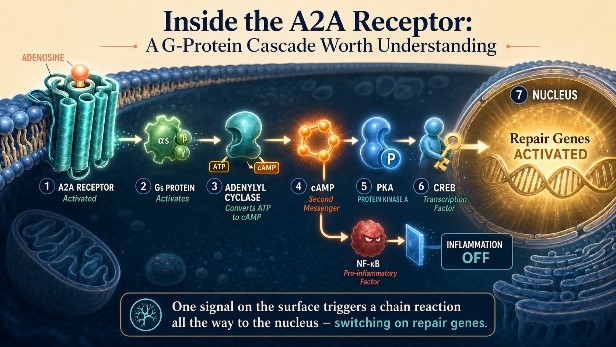 Diagram titled "Inside the A2A Receptor": activating the A2A receptor triggers a chain of Gs protein, adenylyl cyclase, cAMP, PKA and CREB that switches on repair genes in the nucleus and turns inflammation off.