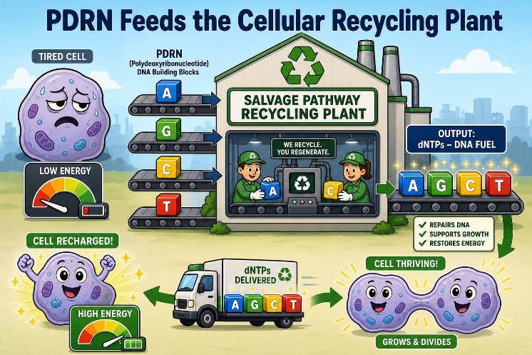 Illustration titled "PDRN Feeds the Cellular Recycling Plant": PDRN's DNA building blocks enter a salvage-pathway recycling plant, which outputs dNTPs that recharge a tired cell so it can repair DNA, grow and divide.
