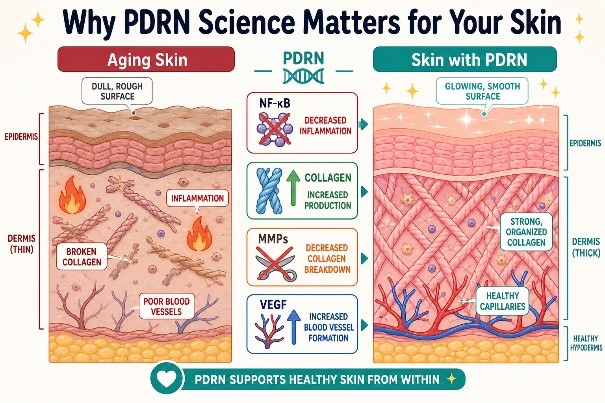 Comparison titled "Why PDRN Science Matters for Your Skin": aging skin with a thin dermis, inflammation, broken collagen and poor blood vessels, next to skin with PDRN showing less inflammation, more collagen, fewer collagen-degrading MMPs and more blood vessels.