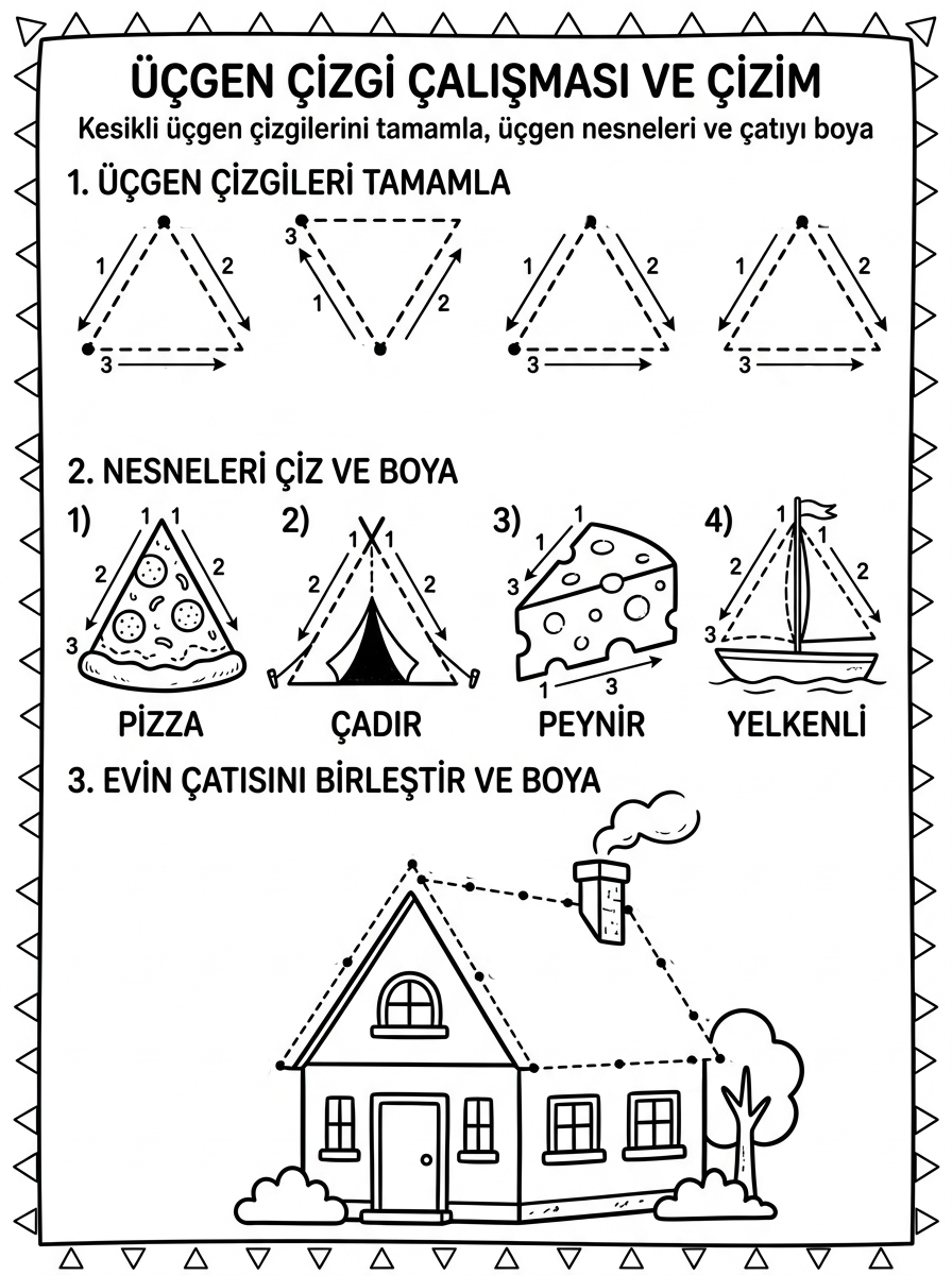 Evimizin çatısı üçgen - 7 Calisma Cizgi Takip (36-48 Ay)