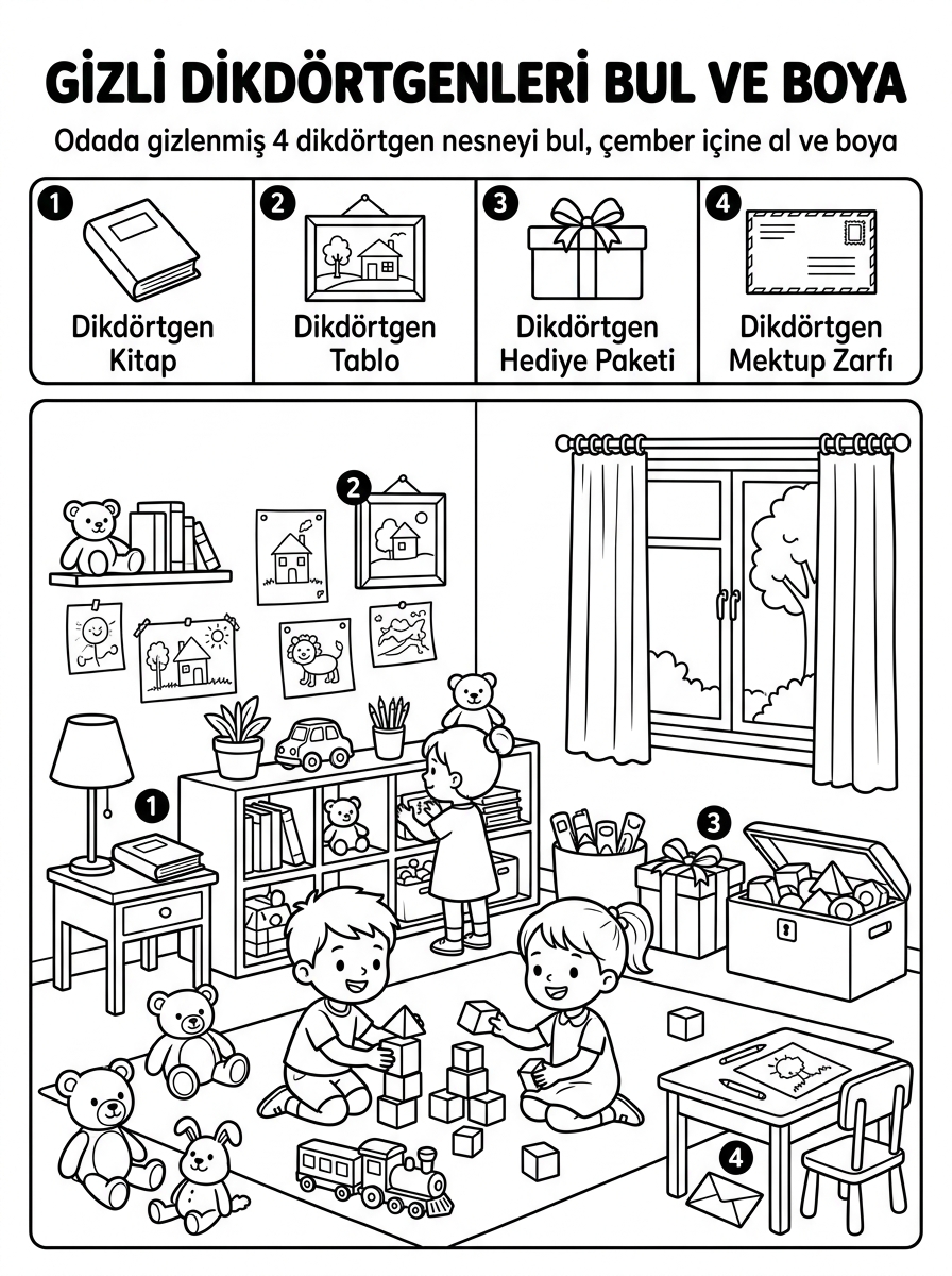 Dikdörtgen ve Dörtgenler - 5 Calisma Gizli Nesneler (36-48 Ay)
