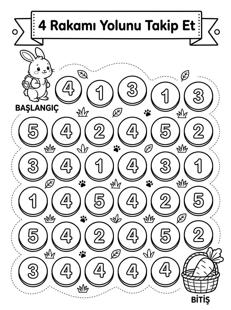 4 Rakamını Tanıyorum - 6 Calisma 4 Rakami Labirenti (48-60 Ay)